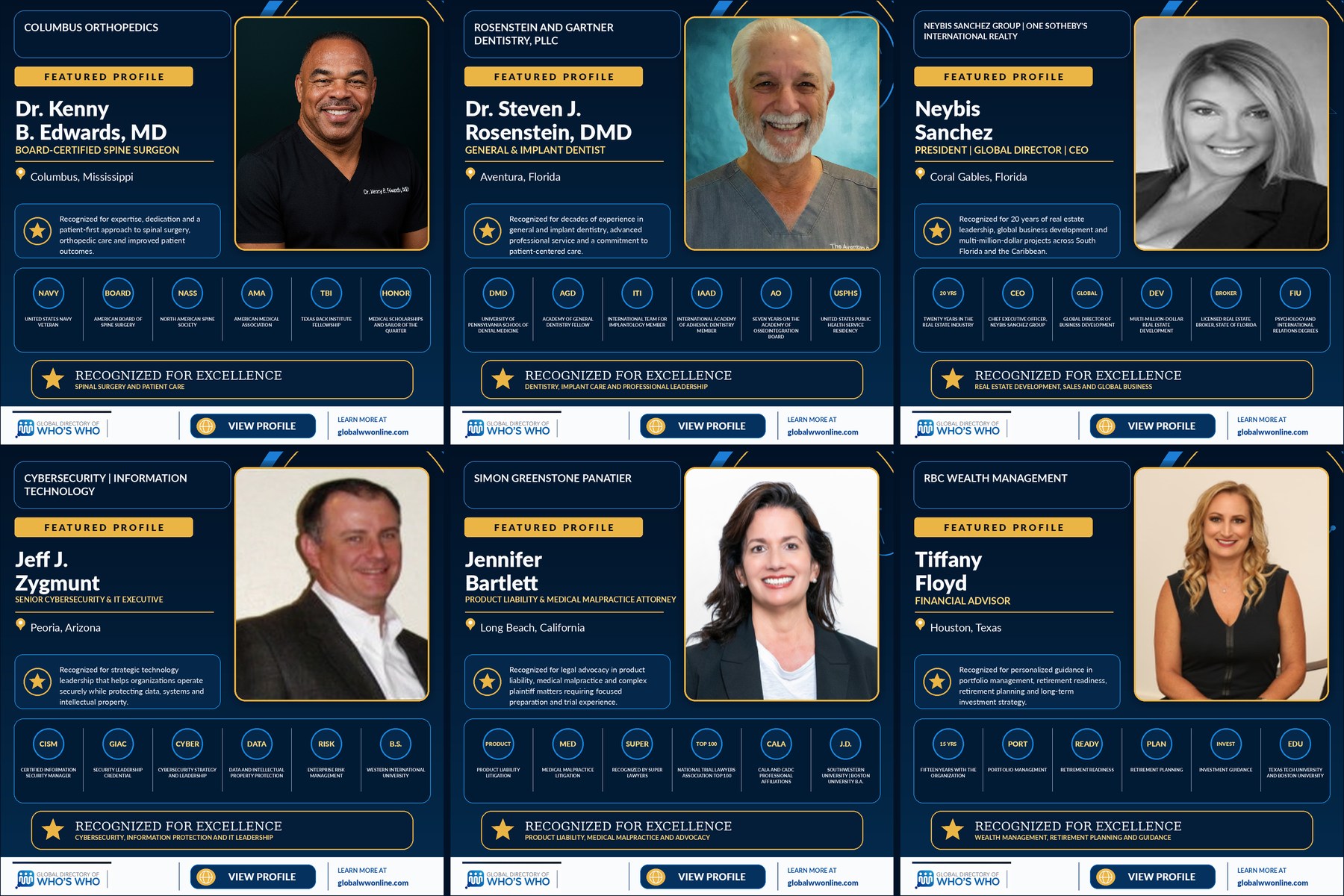 Six Global Directory of Who's Who professional recognition campaigns featuring a spine surgeon in Columbus Mississippi, a dentist in Aventura Florida, a real estate executive in Coral Gables Florida, a cybersecurity executive in Peoria Arizona, an attorney in Long Beach California and a financial advisor in Houston Texas