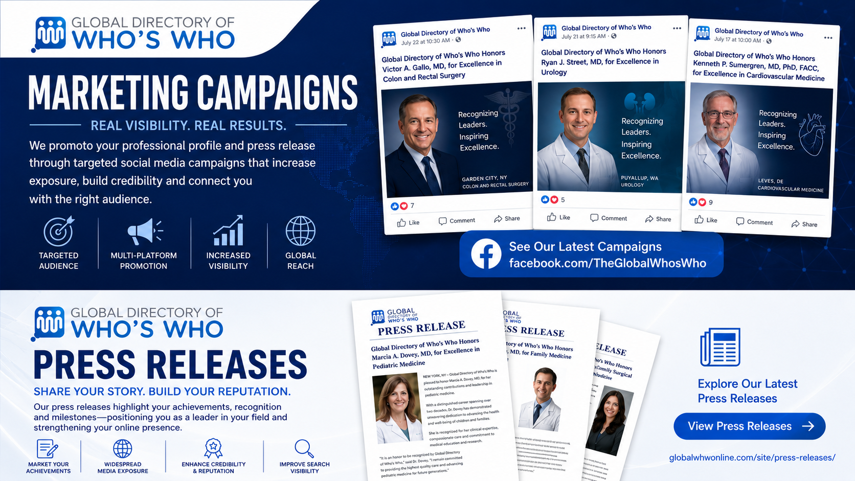 Global Directory of Who's Who marketing campaigns and professional press release promotions