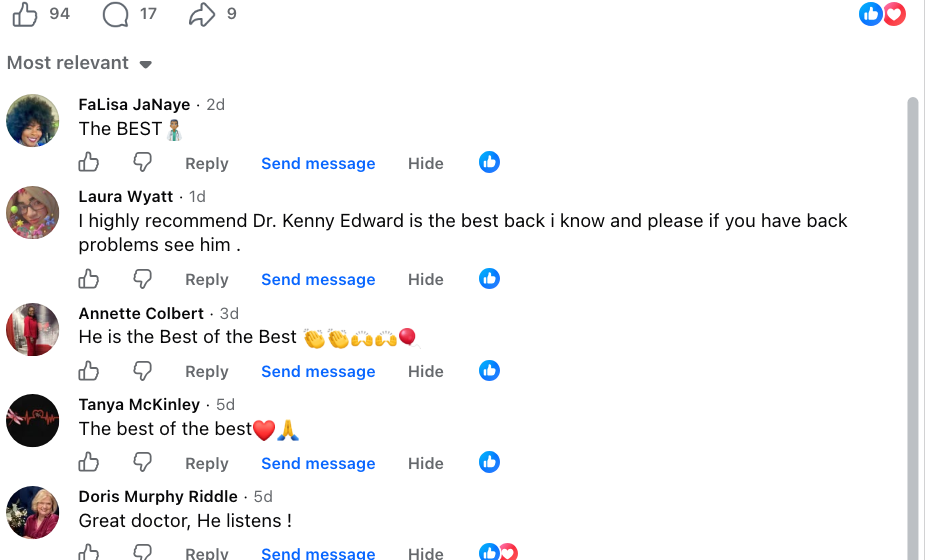 Positive Facebook comments describing Kenny B. Edwards, MD, as an excellent doctor and spine surgeon.