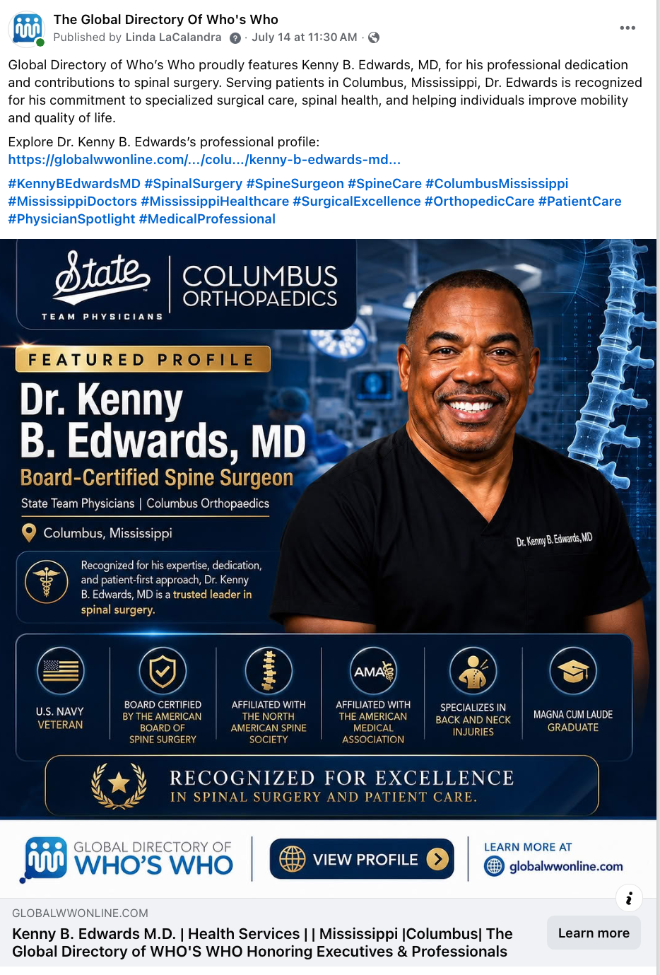 Facebook post featuring Kenny B. Edwards, MD, a board-certified spine surgeon in Columbus, Mississippi.