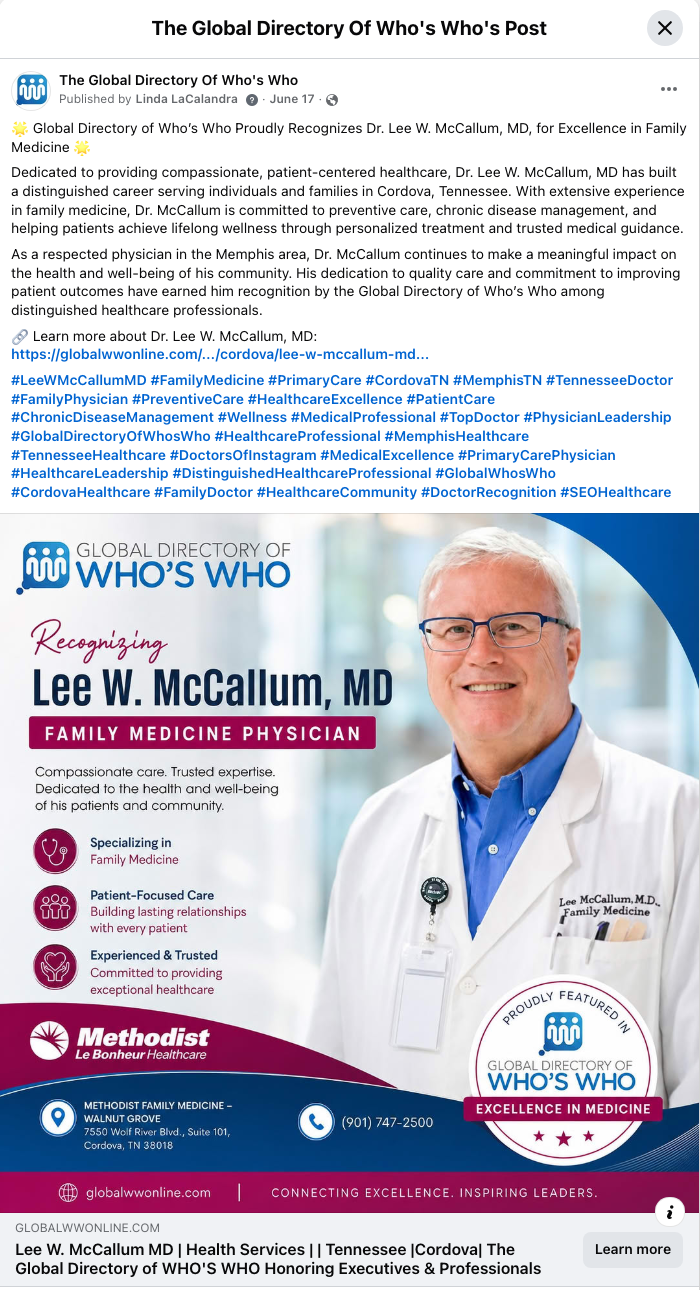 Facebook post featuring Lee W. McCallum, MD, a family medicine physician in Cordova, Tennessee.