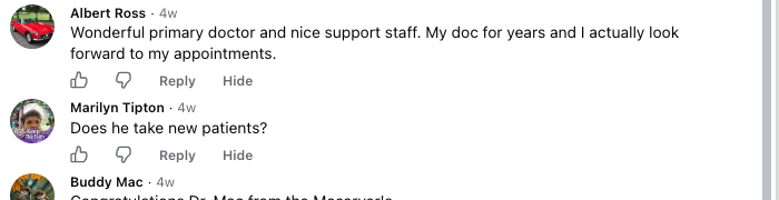 Facebook comment asking whether Lee W. McCallum, MD, takes new patients.