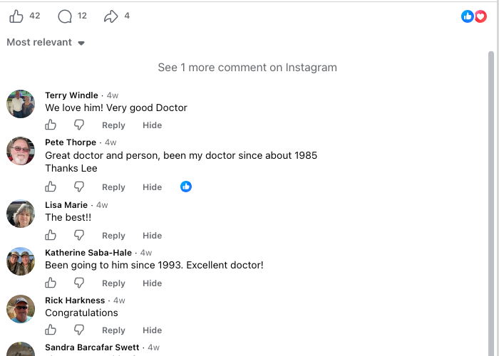 Positive Facebook comments praising Lee W. McCallum, MD, as an excellent and trusted doctor.