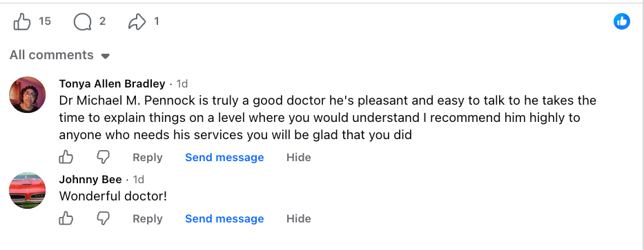 Facebook comments recommending Michael M. Pennock, MD, as a good and compassionate doctor.