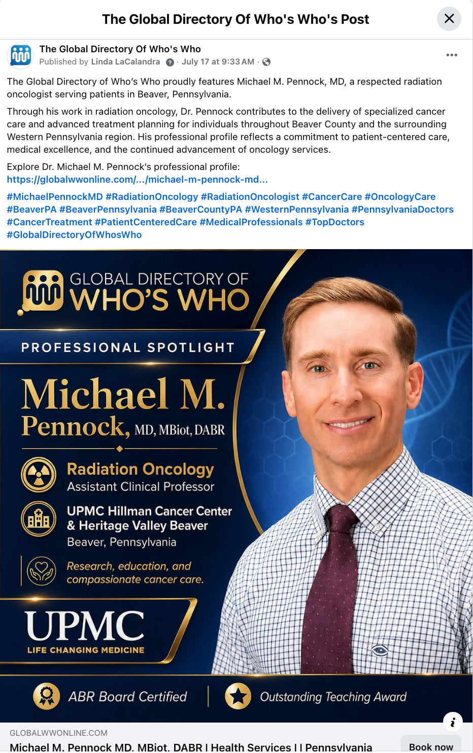 Facebook post featuring Michael M. Pennock, MD, a radiation oncologist in Beaver, Pennsylvania.