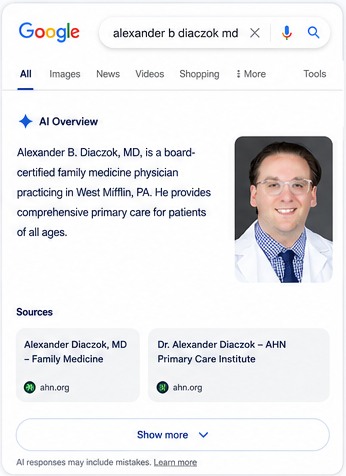 Search and AI overview visibility example for Alexander B. Diaczok, MD, family medicine physician in West Mifflin, Pennsylvania
