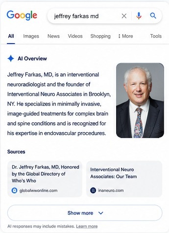 Search and AI overview visibility example for Jeffrey Farkas, MD, vascular and interventional radiologist in Brooklyn, New York