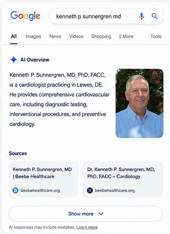 Search and AI overview visibility example for Kenneth P. Sunnergren, MD, PhD, FACC, cardiologist in Lewes, Delaware