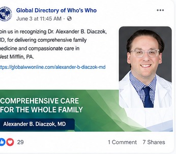 Global Directory of Who's Who social media campaign featuring Alexander B. Diaczok, MD, in West Mifflin, Pennsylvania