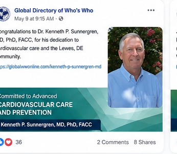 Global Directory of Who's Who social media campaign featuring Kenneth P. Sunnergren, MD, PhD, FACC, in Lewes, Delaware